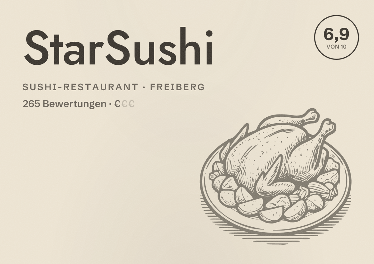 Illustriertes Poster von StarSushi, Sushi-Restaurant in Freiberg: Bewertung 6,9 von 10 aus 265 Bewertungen, Preisniveau €