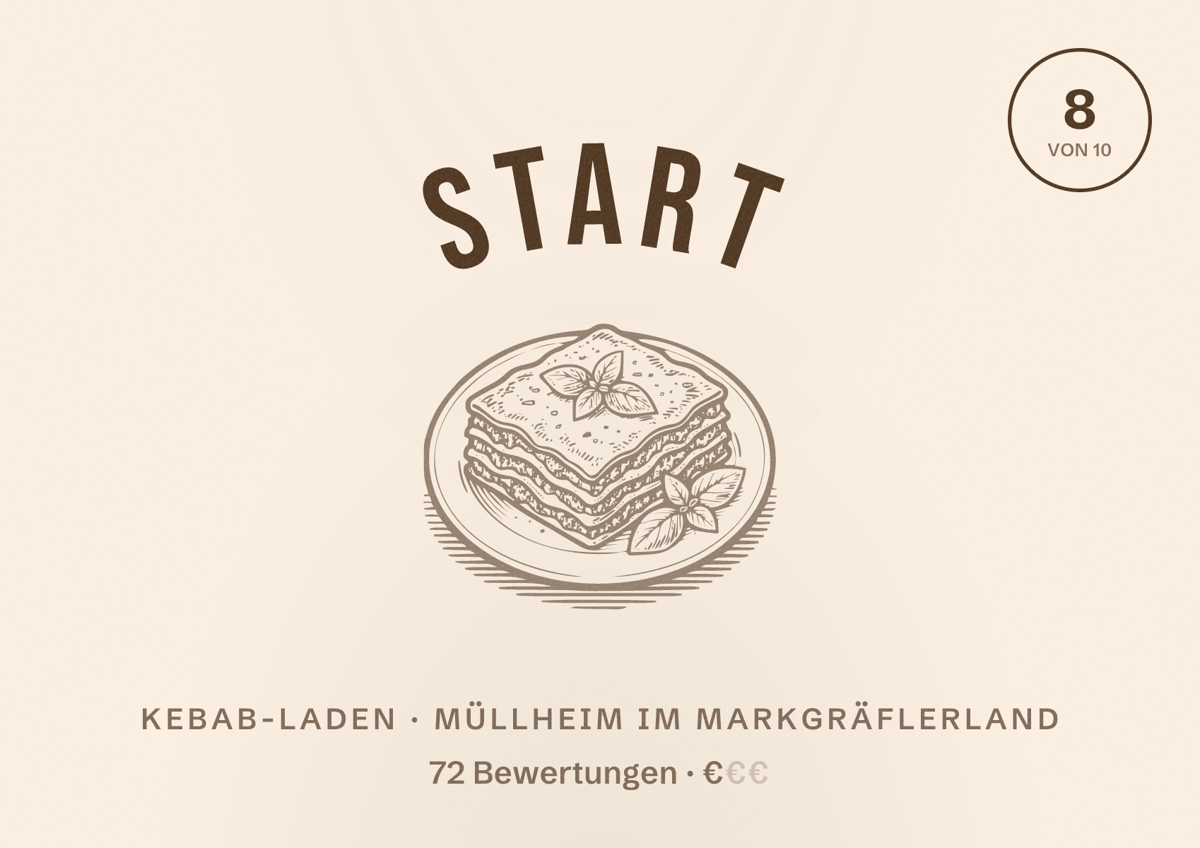 Illustriertes Poster von start, Kebab-Laden in Müllheim im Markgräflerland: Bewertung 8 von 10 aus 72 Bewertungen, Preisniveau €