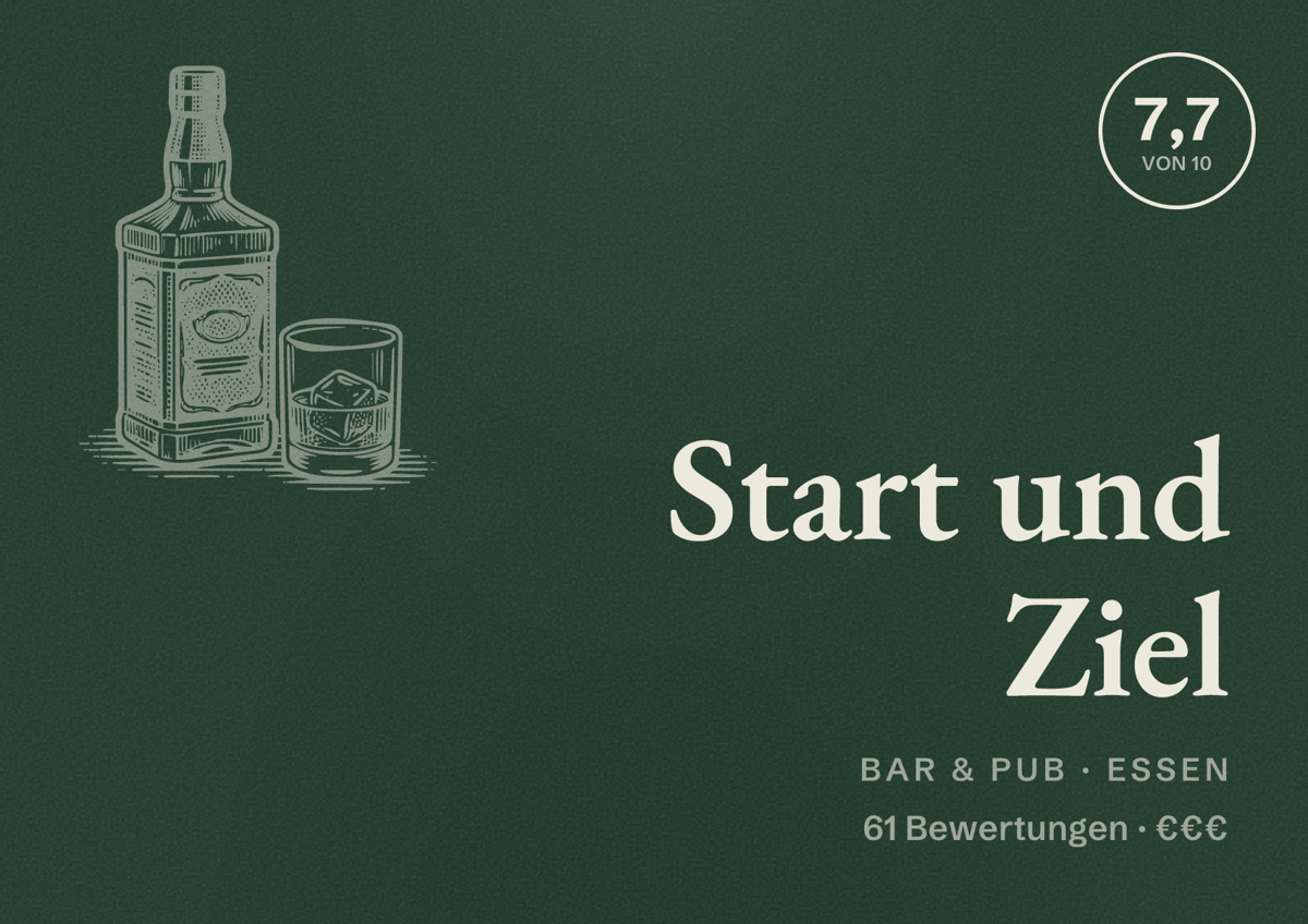Illustriertes Poster von Start und Ziel, Bar & Pub in Essen: Bewertung 7,7 von 10 aus 61 Bewertungen, Preisniveau €€€