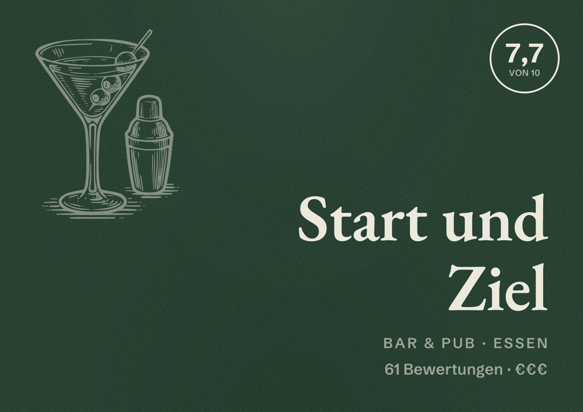 Illustriertes Poster von Start und Ziel, Bar & Pub in Essen: Bewertung 7,7 von 10 aus 61 Bewertungen, Preisniveau €€€