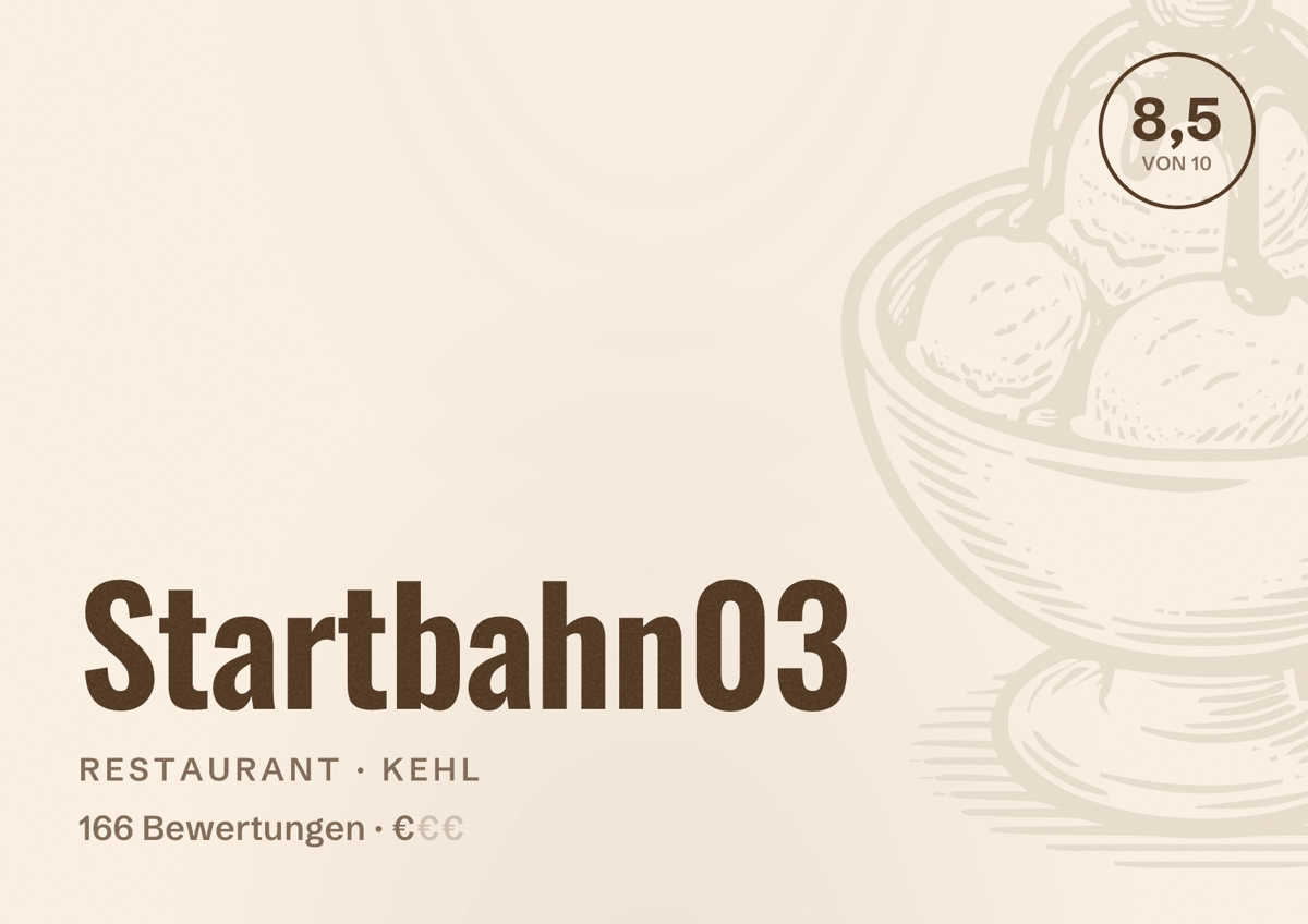 Illustriertes Poster von Startbahn03, Restaurant in Kehl: Bewertung 8,5 von 10 aus 166 Bewertungen, Preisniveau €