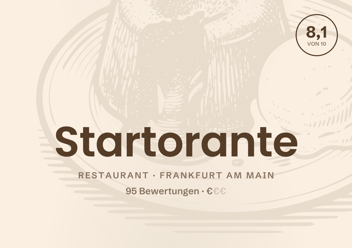 Illustriertes Poster von Startorante, Restaurant in Frankfurt am Main: Bewertung 8,1 von 10 aus 95 Bewertungen, Preisniveau €