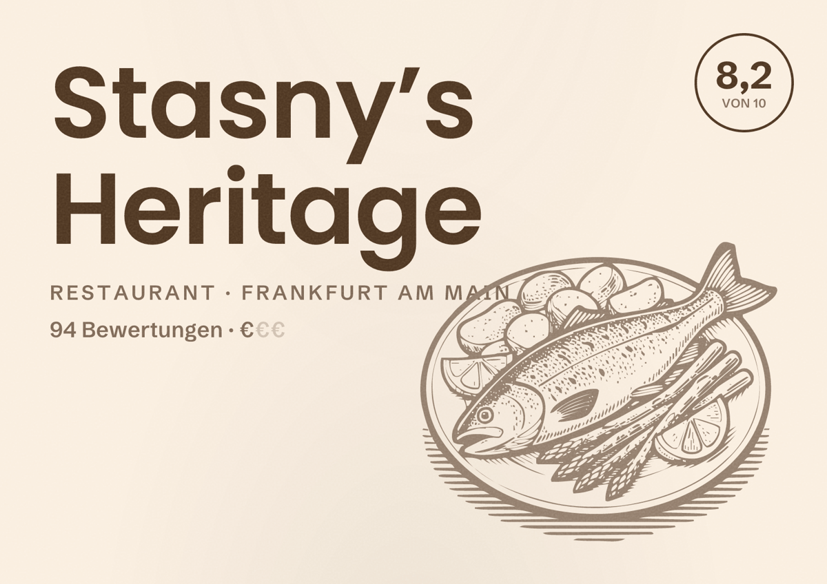 Illustriertes Poster von Stasny’s Heritage, Restaurant in Frankfurt am Main: Bewertung 8,2 von 10 aus 94 Bewertungen, Preisniveau €