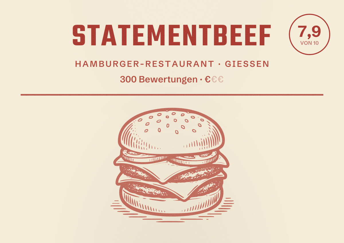 Illustriertes Poster von Statementbeef, Hamburger-Restaurant in Gießen: Bewertung 7,9 von 10 aus 300 Bewertungen, Preisniveau €