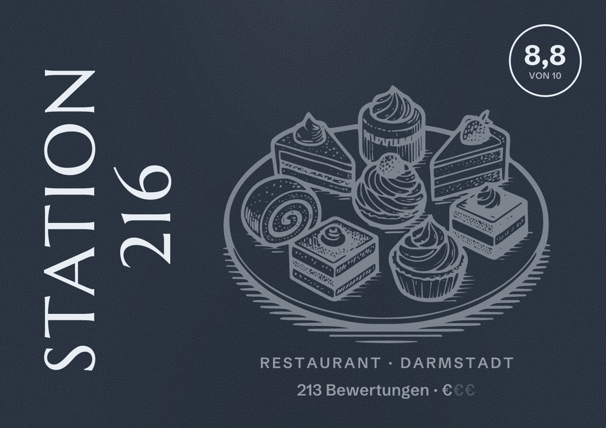 Illustriertes Poster von Station 216, Restaurant in Darmstadt: Bewertung 8,8 von 10 aus 213 Bewertungen, Preisniveau €