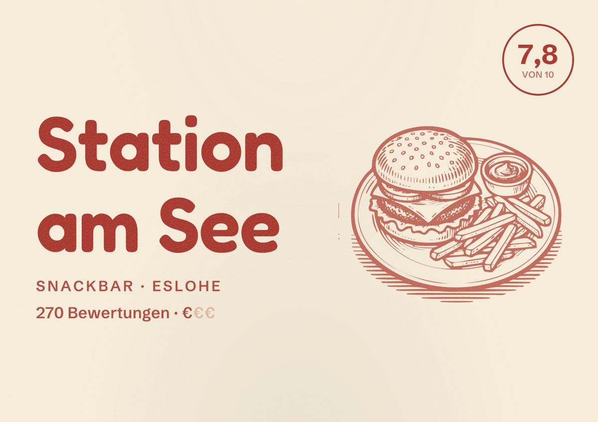 Illustriertes Poster von Station am See, Snackbar in Eslohe: Bewertung 7,8 von 10 aus 270 Bewertungen, Preisniveau €