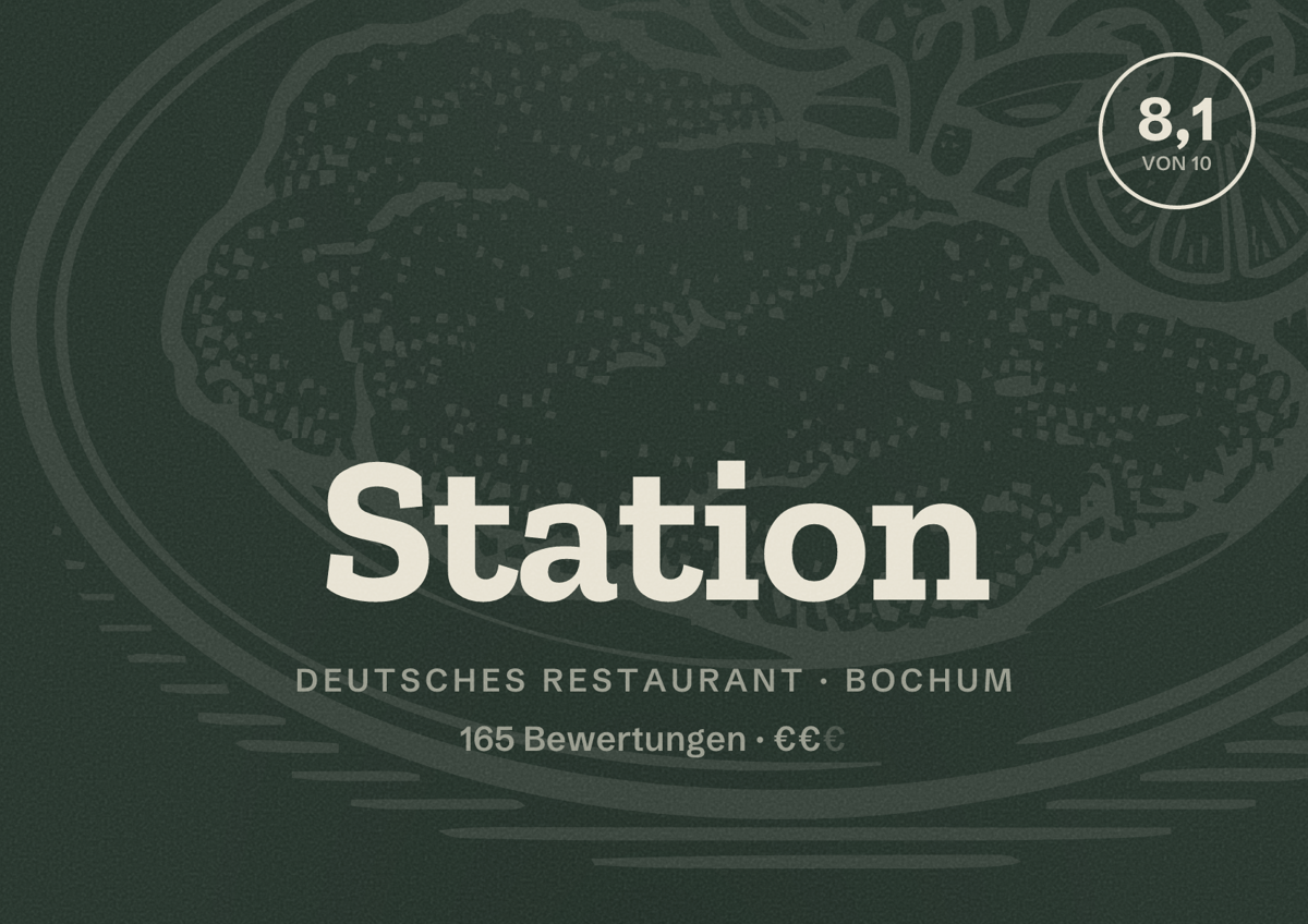 Illustriertes Poster von Station, Deutsches Restaurant in Bochum: Bewertung 8,1 von 10 aus 165 Bewertungen, Preisniveau €€