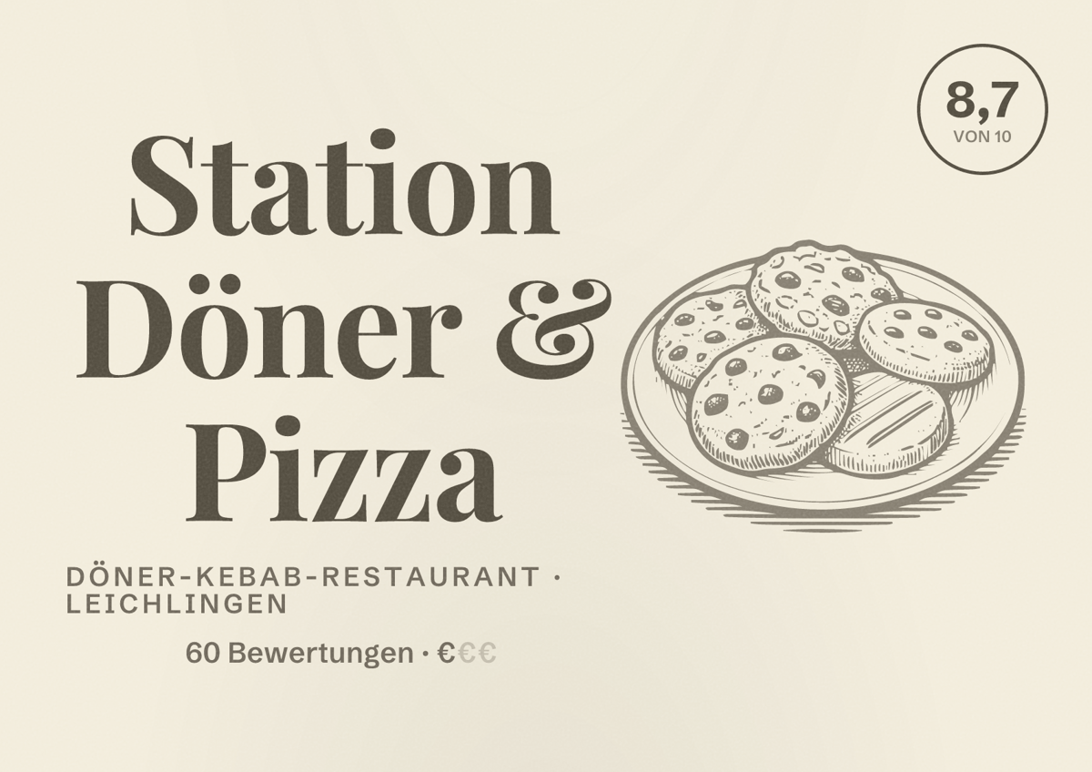 Illustriertes Poster von Station Döner & Pizza, Döner-Kebab-Restaurant in Leichlingen: Bewertung 8,7 von 10 aus 60 Bewertungen, Preisniveau €