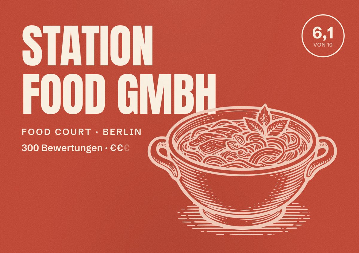 Illustriertes Poster von STATION FOOD GMBH, Food Court in Berlin: Bewertung 6,1 von 10 aus 300 Bewertungen, Preisniveau €€