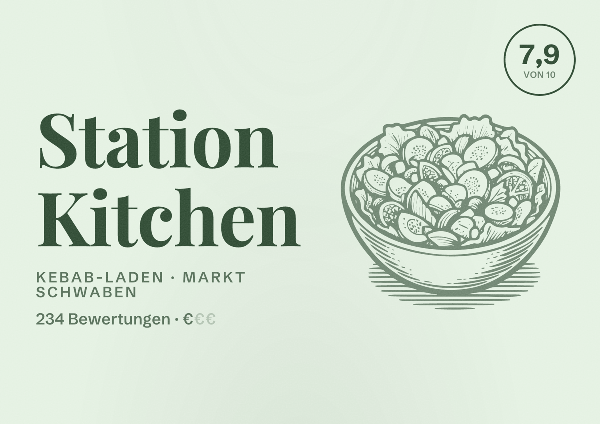 Illustriertes Poster von Station Kitchen, Kebab-Laden in Markt Schwaben: Bewertung 7,9 von 10 aus 234 Bewertungen, Preisniveau €
