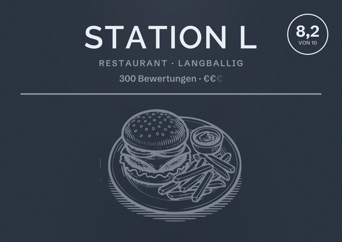 Illustriertes Poster von Station L, Restaurant in Langballig: Bewertung 8,2 von 10 aus 300 Bewertungen, Preisniveau €€