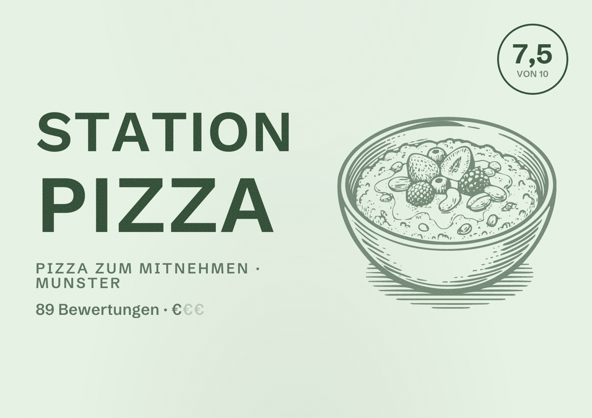 Illustriertes Poster von STATION PIZZA, Pizza zum Mitnehmen in Munster: Bewertung 7,5 von 10 aus 89 Bewertungen, Preisniveau €