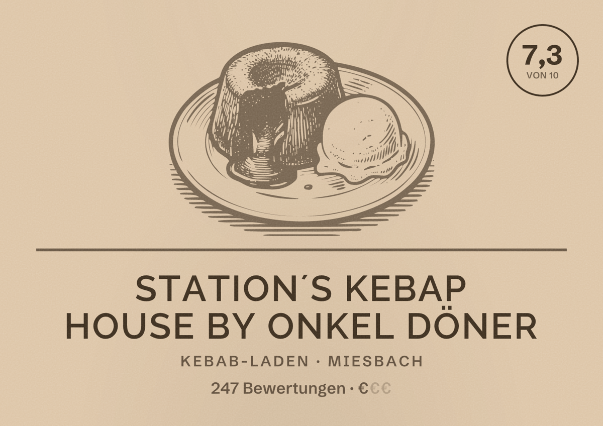Illustriertes Poster von Station´s Kebap House by Onkel Döner, Kebab-Laden in Miesbach: Bewertung 7,3 von 10 aus 247 Bewertungen, Preisniveau €
