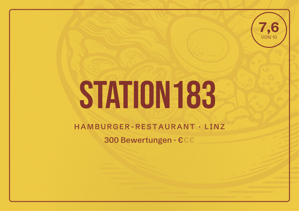 Illustriertes Poster von Station183, Hamburger-Restaurant in Linz: Bewertung 7,6 von 10 aus 300 Bewertungen, Preisniveau €