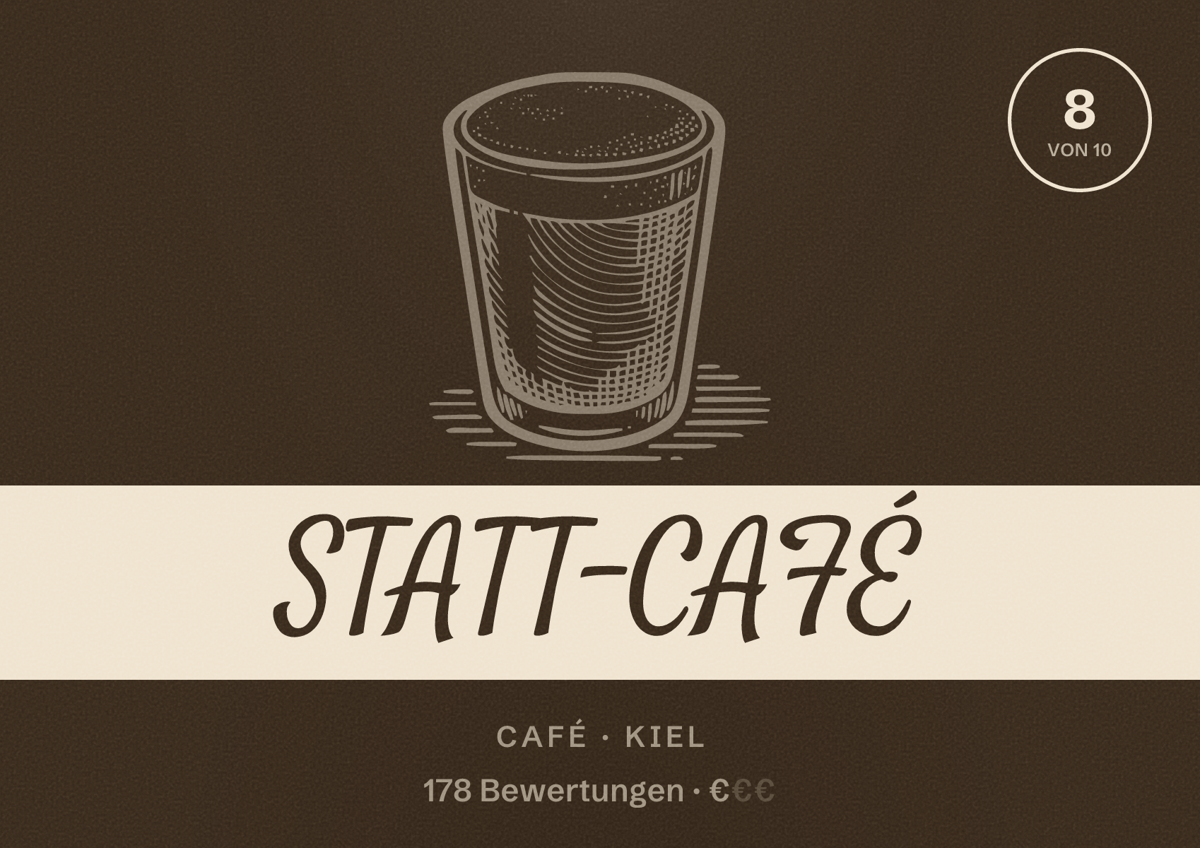 Illustriertes Poster von STATT-CAFÉ, Café in Kiel: Bewertung 8,0 von 10 aus 178 Bewertungen, Preisniveau €