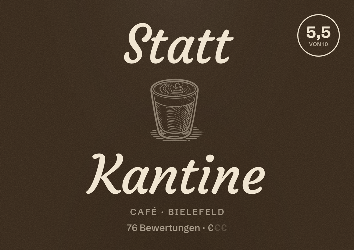 Illustriertes Poster von Statt Kantine, Café in Bielefeld: Bewertung 5,5 von 10 aus 76 Bewertungen, Preisniveau €