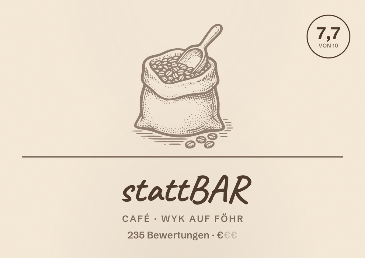 Illustriertes Poster von stattBAR, Café in Wyk auf Föhr: Bewertung 7,7 von 10 aus 235 Bewertungen, Preisniveau €