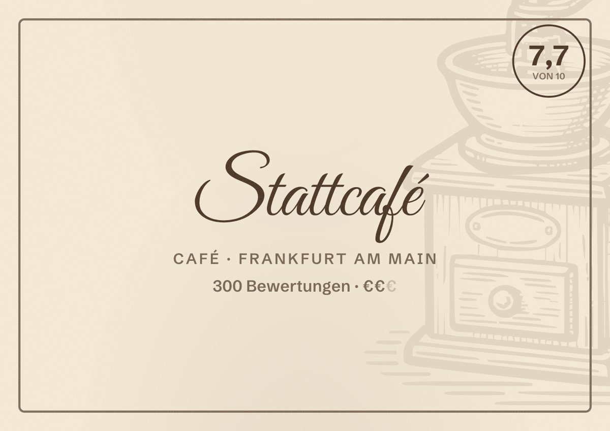 Illustriertes Poster von Stattcafé, Café in Frankfurt am Main: Bewertung 7,7 von 10 aus 300 Bewertungen, Preisniveau €€