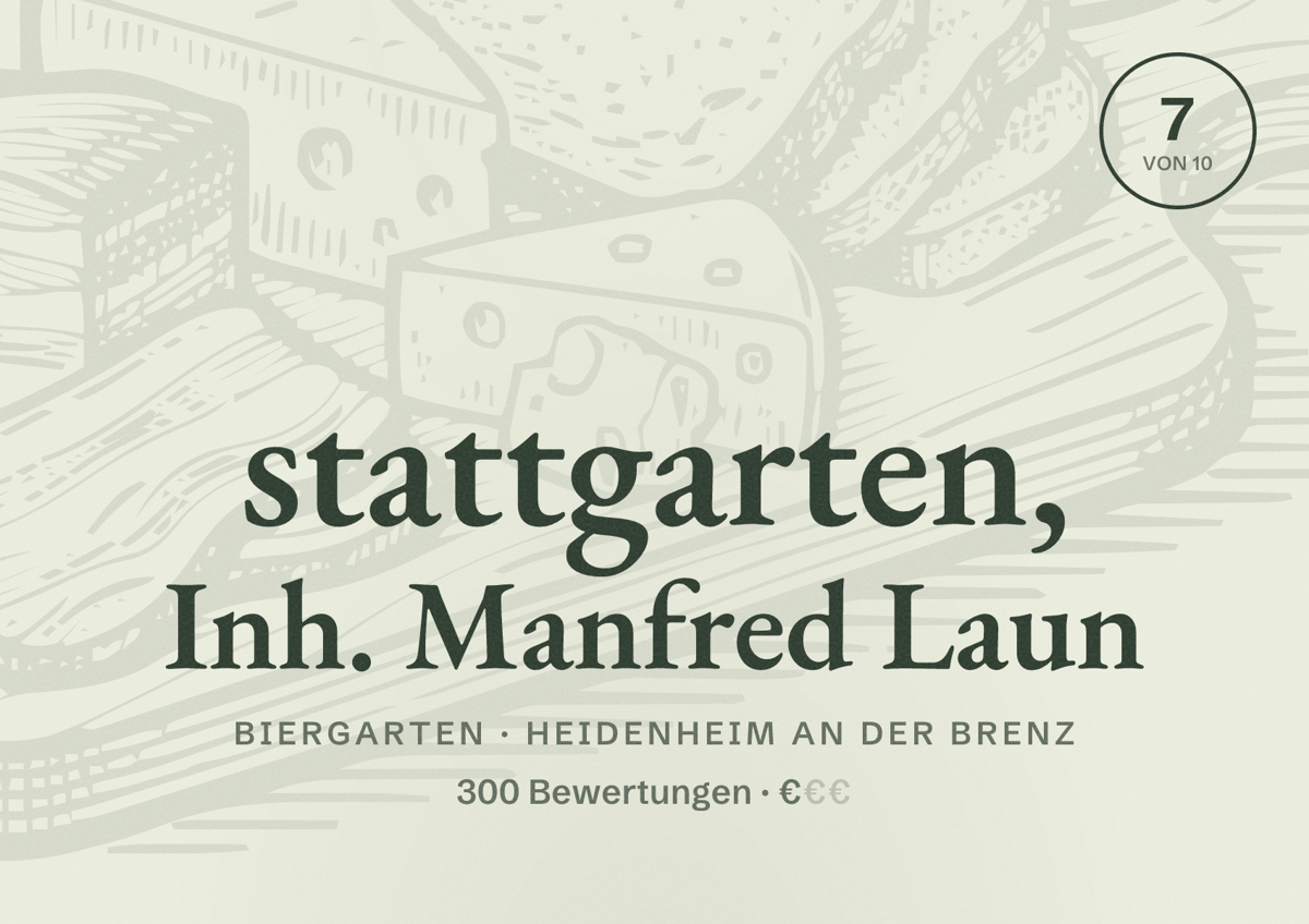 Illustriertes Poster von stattgarten, Inh. Manfred Laun, Biergarten in Heidenheim an der Brenz: Bewertung 7 von 10 aus 300 Bewertungen, Preisniveau €