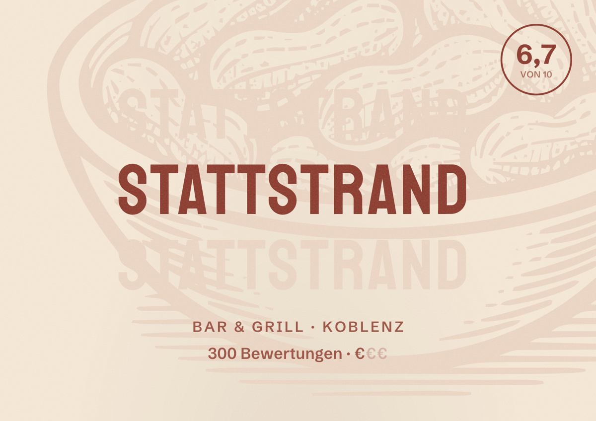 Illustriertes Poster von Stattstrand, Bar & Grill in Koblenz: Bewertung 6,7 von 10 aus 300 Bewertungen, Preisniveau €