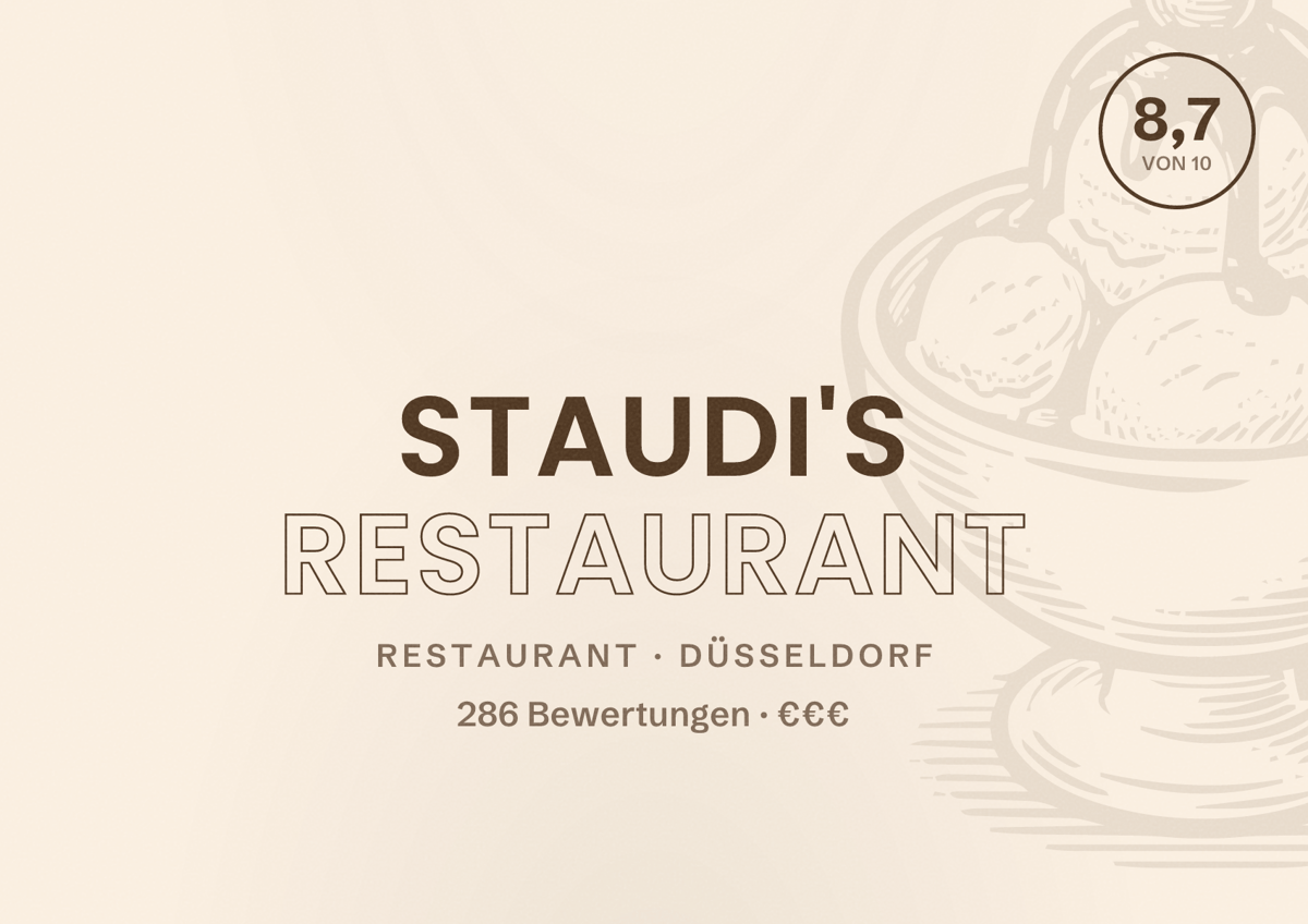 Illustriertes Poster von Staudi's Restaurant, Restaurant in Düsseldorf: Bewertung 8,7 von 10 aus 286 Bewertungen, Preisniveau €€€