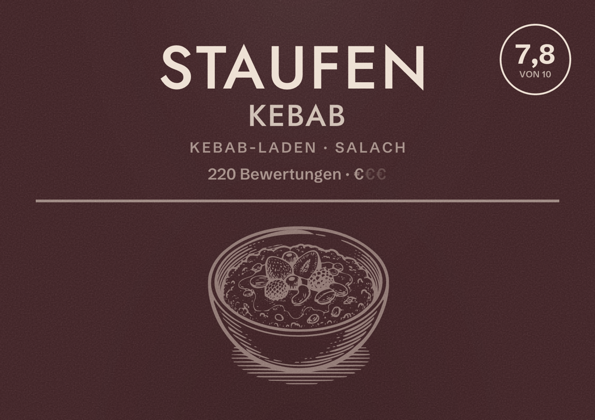 Illustriertes Poster von Staufen Kebab, Kebab-Laden in Salach: Bewertung 7,8 von 10 aus 220 Bewertungen, Preisniveau €