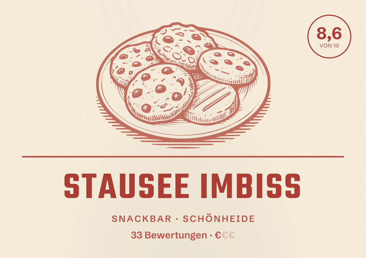 Illustriertes Poster von Stausee Imbiss, Snackbar in Schönheide: Bewertung 8,6 von 10 aus 33 Bewertungen, Preisniveau €