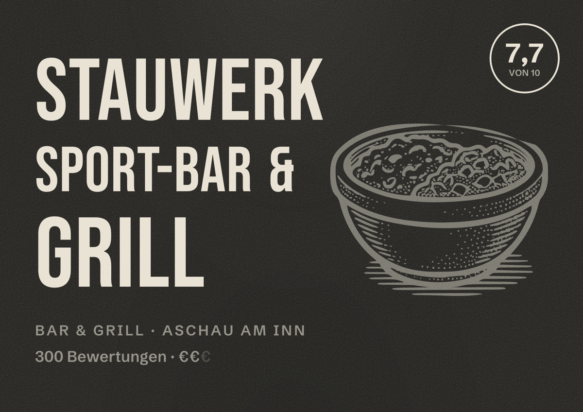 Illustriertes Poster von Stauwerk Sport-Bar & Grill, Bar & Grill in Aschau am Inn: Bewertung 7,7 von 10 aus 300 Bewertungen, Preisniveau €€