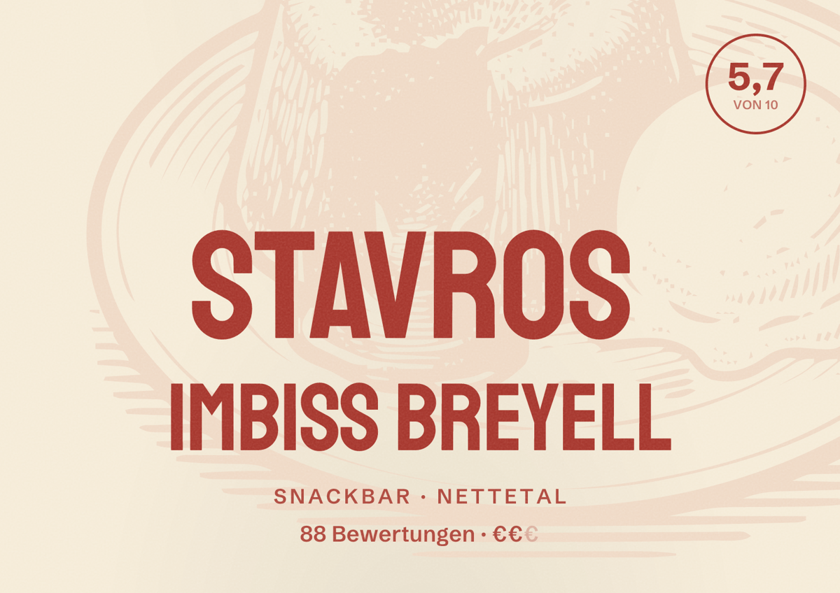 Illustriertes Poster von Stavros Imbiss Breyell, Snackbar in Nettetal: Bewertung 5,7 von 10 aus 88 Bewertungen, Preisniveau €€