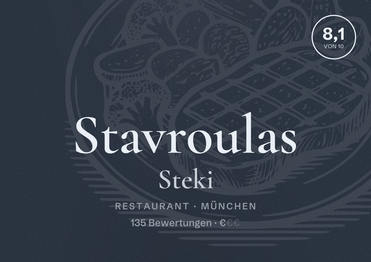 Illustriertes Poster von Stavroulas Steki, Restaurant in München: Bewertung 8,1 von 10 aus 135 Bewertungen, Preisniveau €