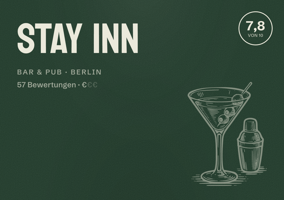 Illustriertes Poster von Stay Inn, Bar & Pub in Berlin: Bewertung 7,8 von 10 aus 57 Bewertungen, Preisniveau €