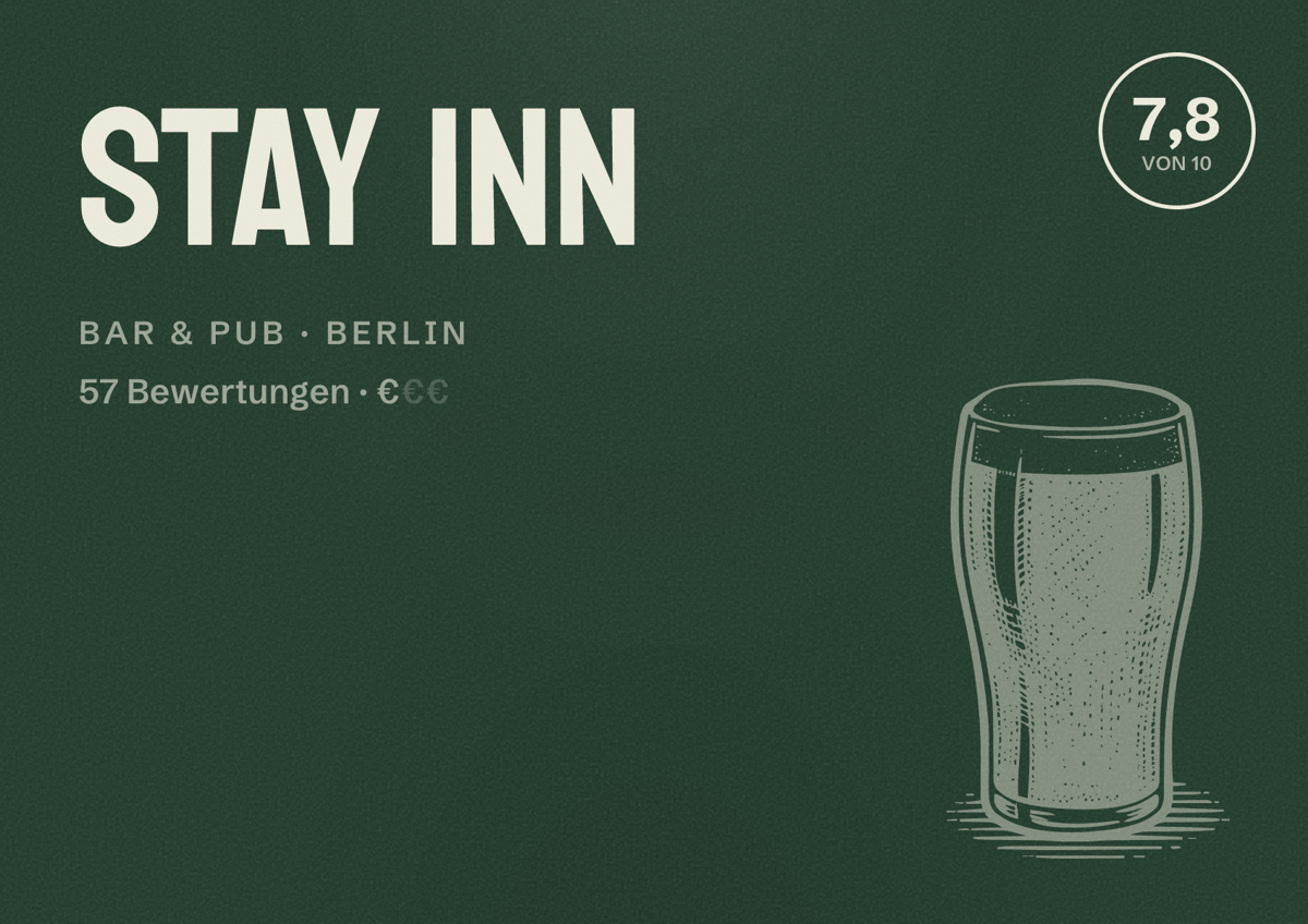 Illustriertes Poster von Stay Inn, Bar & Pub in Berlin: Bewertung 7,8 von 10 aus 57 Bewertungen, Preisniveau €