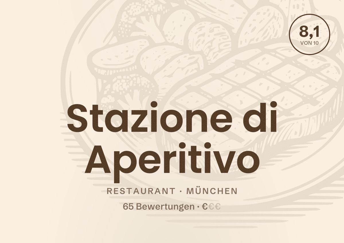 Illustriertes Poster von Stazione di Aperitivo, Restaurant in München: Bewertung 8,1 von 10 aus 65 Bewertungen, Preisniveau €
