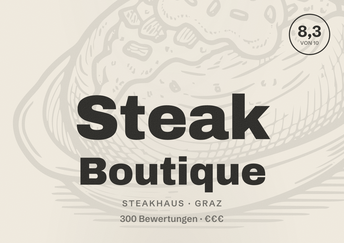 Illustriertes Poster von Steak Boutique, Steakhaus in Graz: Bewertung 8,3 von 10 aus 300 Bewertungen, Preisniveau €€€