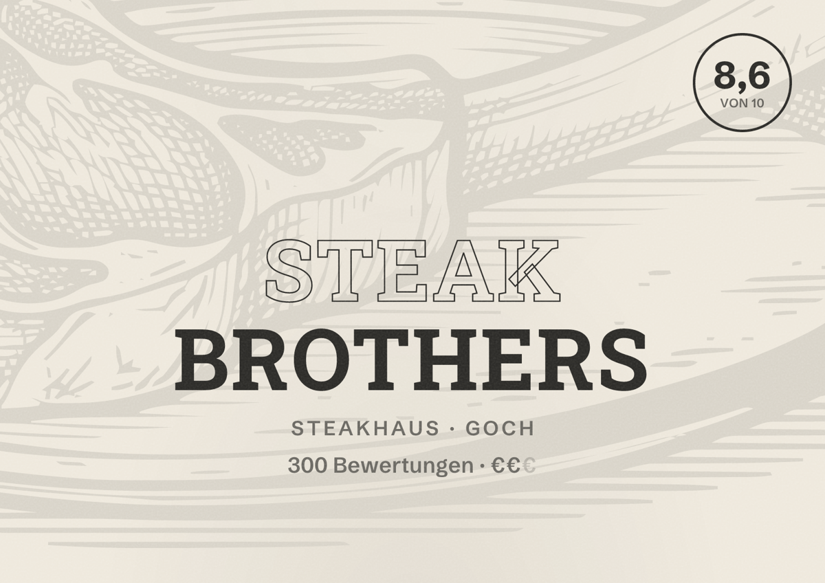 Illustriertes Poster von Steak Brothers, Steakhaus in Goch: Bewertung 8,6 von 10 aus 300 Bewertungen, Preisniveau €€