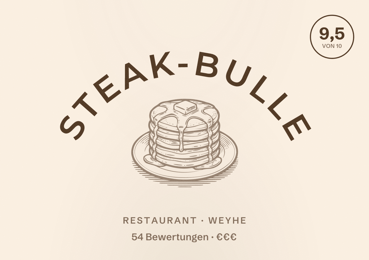 Illustriertes Poster von Steak-Bulle, Restaurant in Weyhe: Bewertung 9,5 von 10 aus 54 Bewertungen, Preisniveau €€€