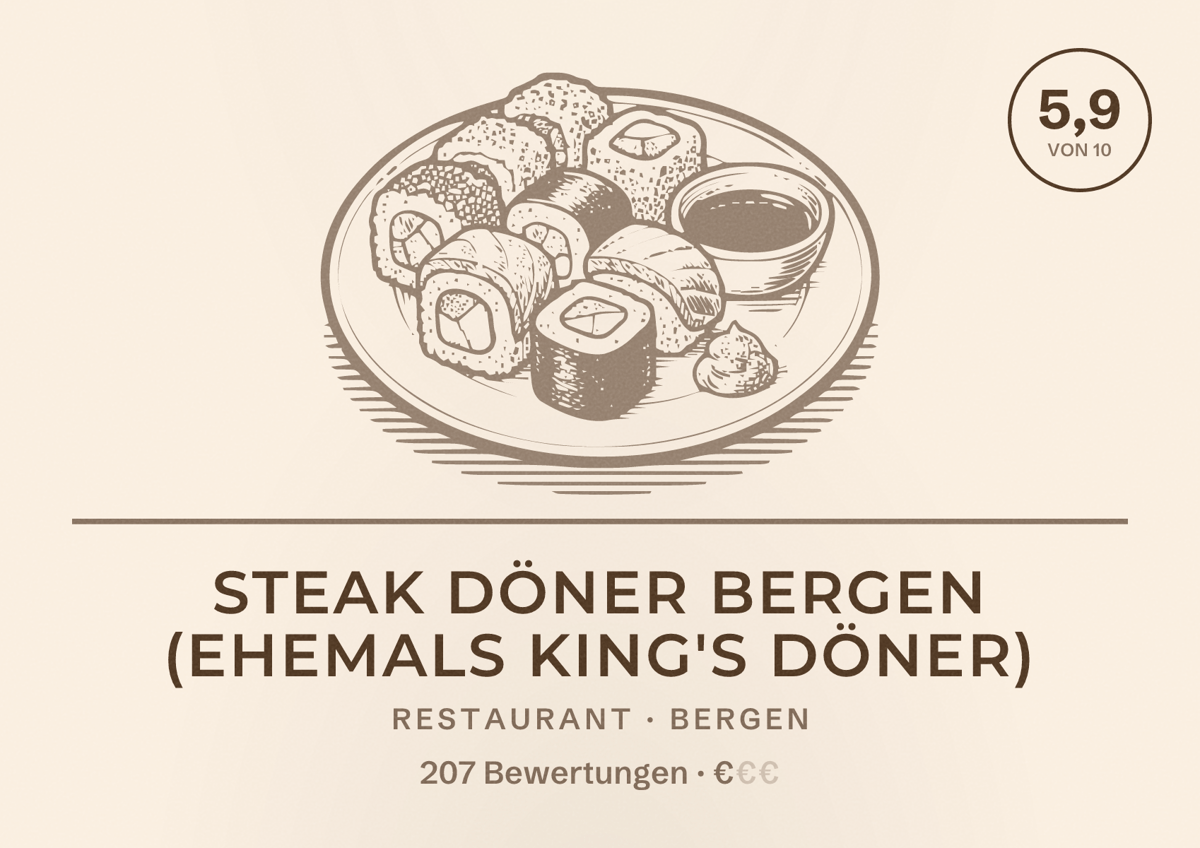 Illustriertes Poster von Steak Döner Bergen (ehemals King's Döner), Restaurant in Bergen: Bewertung 5,9 von 10 aus 207 Bewertungen, Preisniveau €