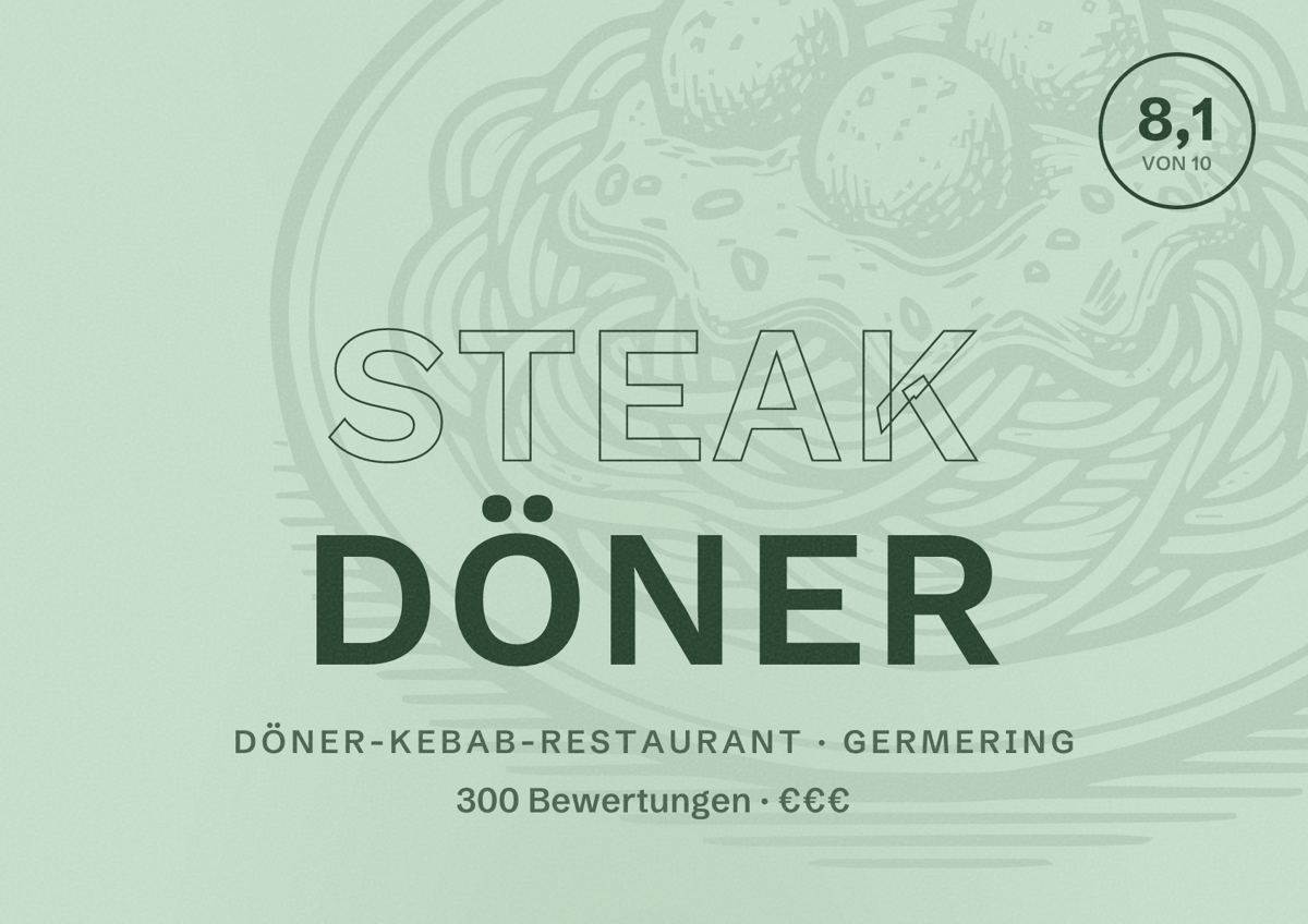 Illustriertes Poster von Steak Döner, Döner-Kebab-Restaurant in Germering: Bewertung 8,1 von 10 aus 300 Bewertungen, Preisniveau €€€