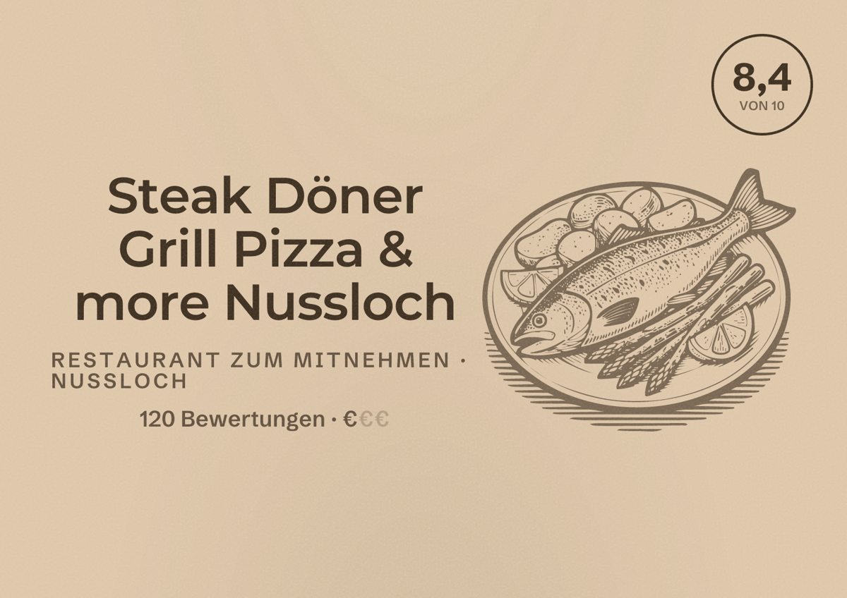 Illustriertes Poster von Steak Döner Grill Pizza & more Nussloch, Restaurant zum Mitnehmen in Nußloch: Bewertung 8,4 von 10 aus 120 Bewertungen, Preisniveau €