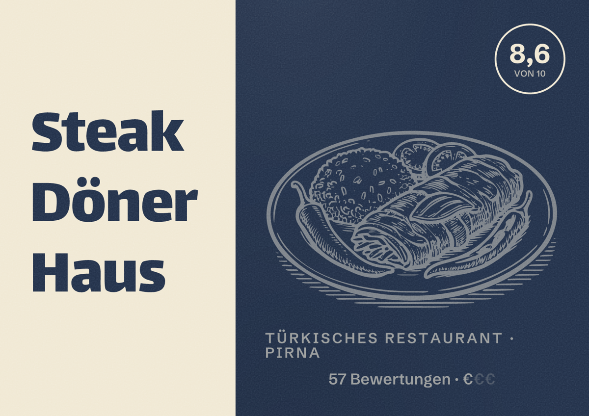 Illustriertes Poster von Steak Döner Haus, Türkisches Restaurant in Pirna: Bewertung 8,6 von 10 aus 57 Bewertungen, Preisniveau €