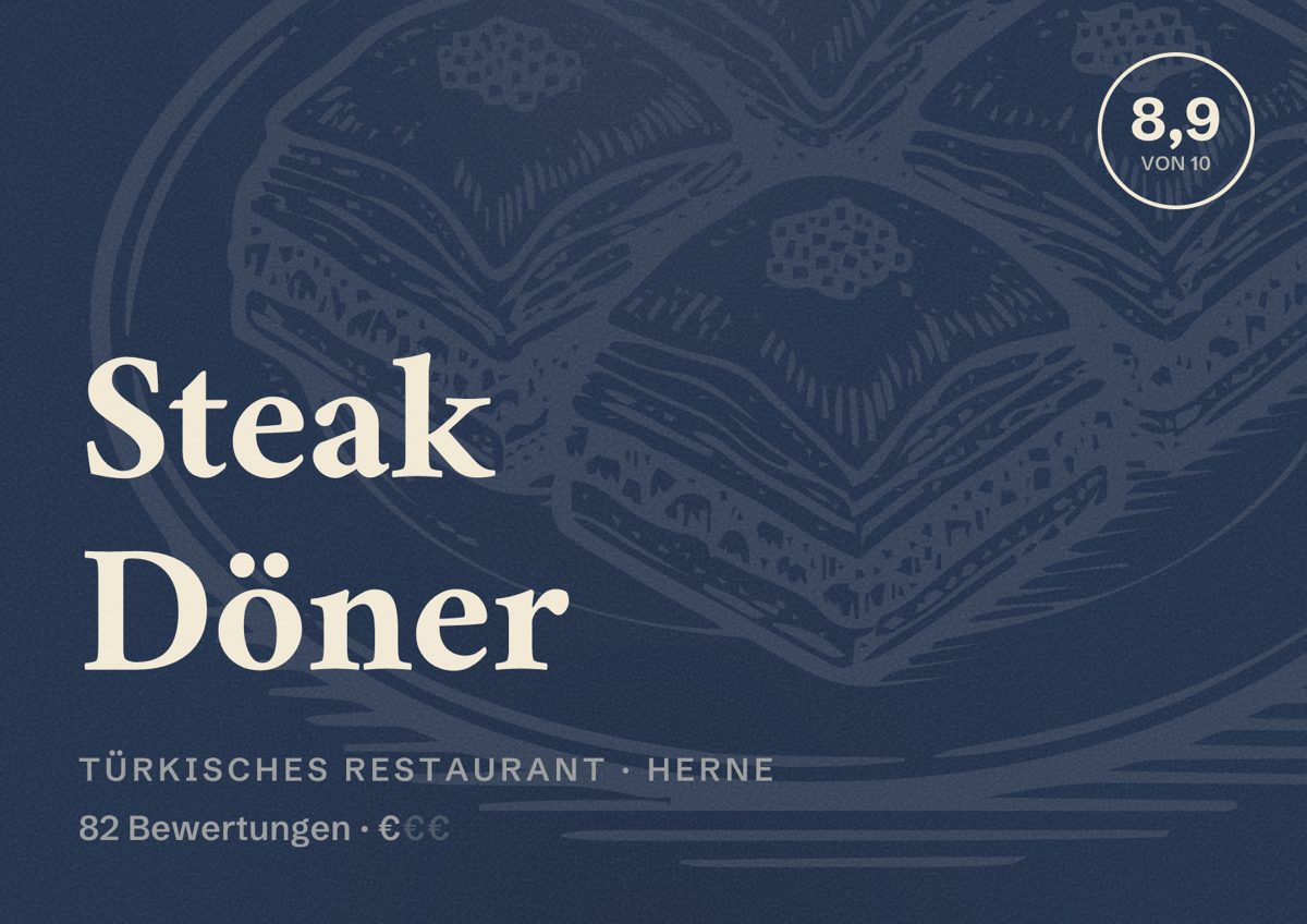 Illustriertes Poster von Steak Döner, Türkisches Restaurant in Herne: Bewertung 8,9 von 10 aus 82 Bewertungen, Preisniveau €