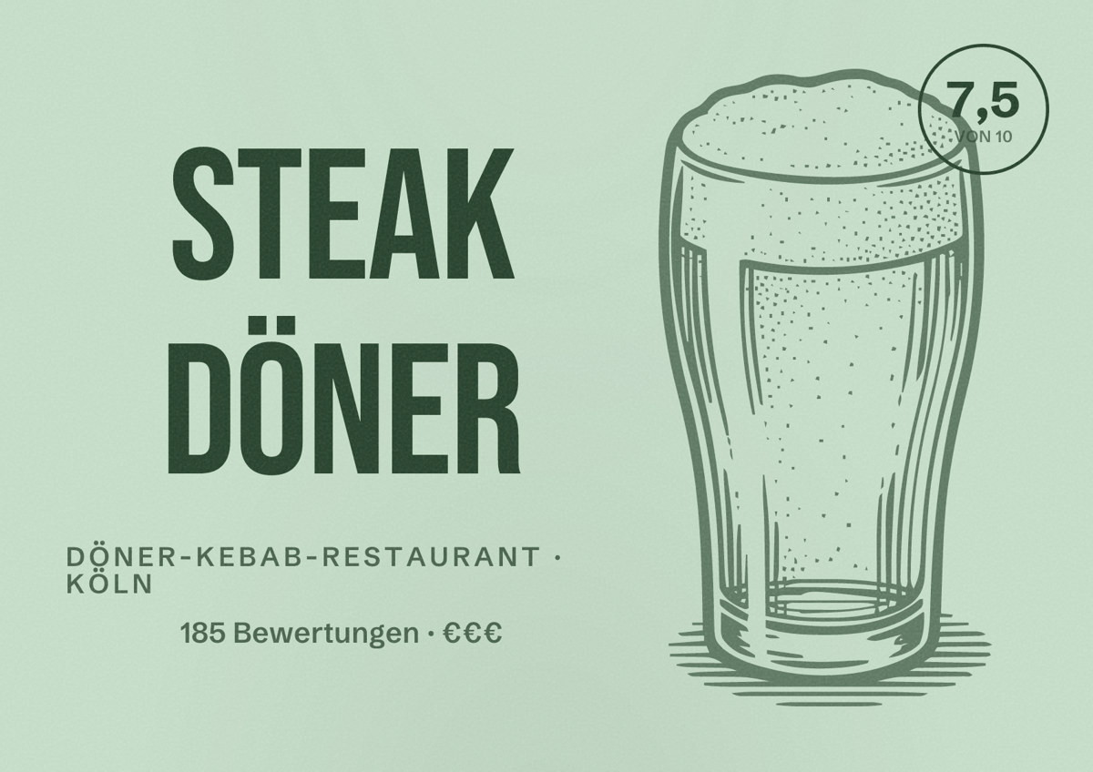 Illustriertes Poster von Steak Döner, Döner-Kebab-Restaurant in Köln: Bewertung 7,5 von 10 aus 185 Bewertungen, Preisniveau €€€