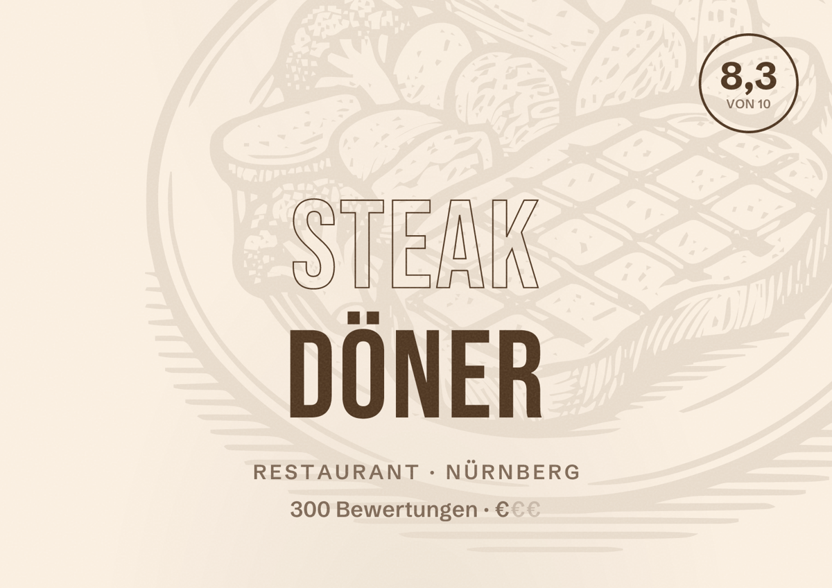 Illustriertes Poster von Steak Döner, Restaurant in Nürnberg: Bewertung 8,3 von 10 aus 300 Bewertungen, Preisniveau €
