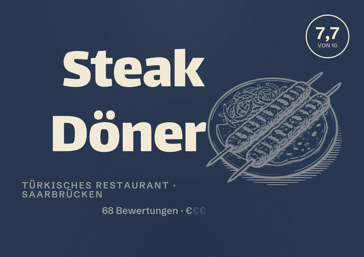 Illustriertes Poster von Steak Döner, Türkisches Restaurant in Saarbrücken: Bewertung 7,7 von 10 aus 68 Bewertungen, Preisniveau €