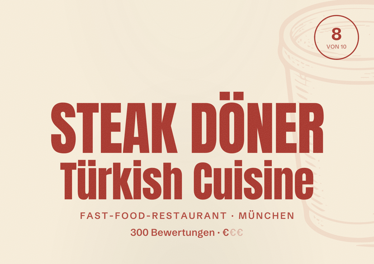 Illustriertes Poster von STEAK DÖNER Türkish Cuisine, Fast-Food-Restaurant in München: Bewertung 8,0 von 10 aus 300 Bewertungen, Preisniveau €
