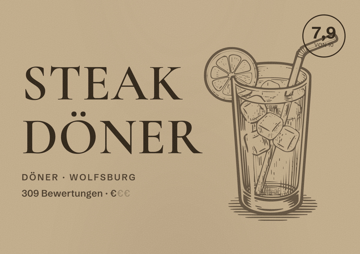 Illustriertes Poster von STEAK DÖNER, Döner in Wolfsburg: Bewertung 7,9 von 10 aus 309 Bewertungen, Preisniveau €