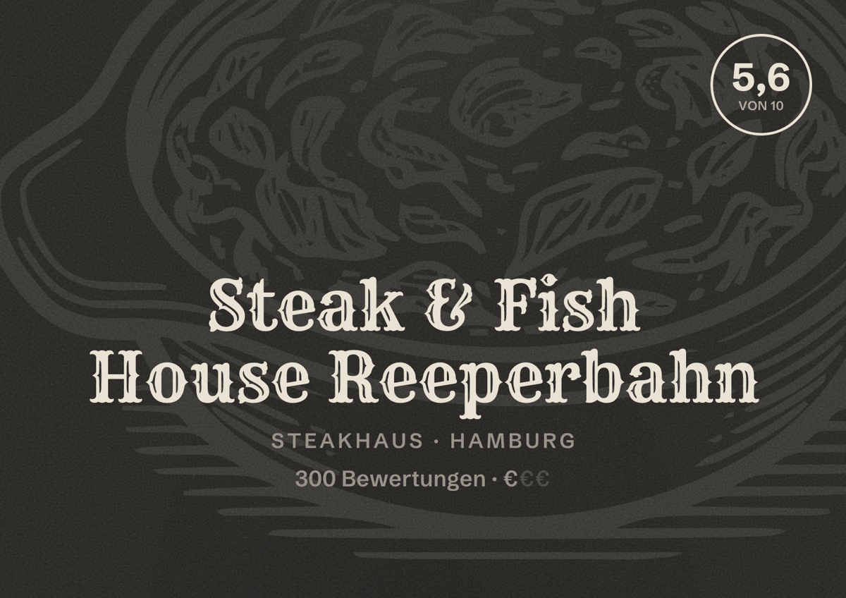 Illustriertes Poster von Steak & Fish House Reeperbahn, Steakhaus in Hamburg: Bewertung 5,6 von 10 aus 300 Bewertungen, Preisniveau €