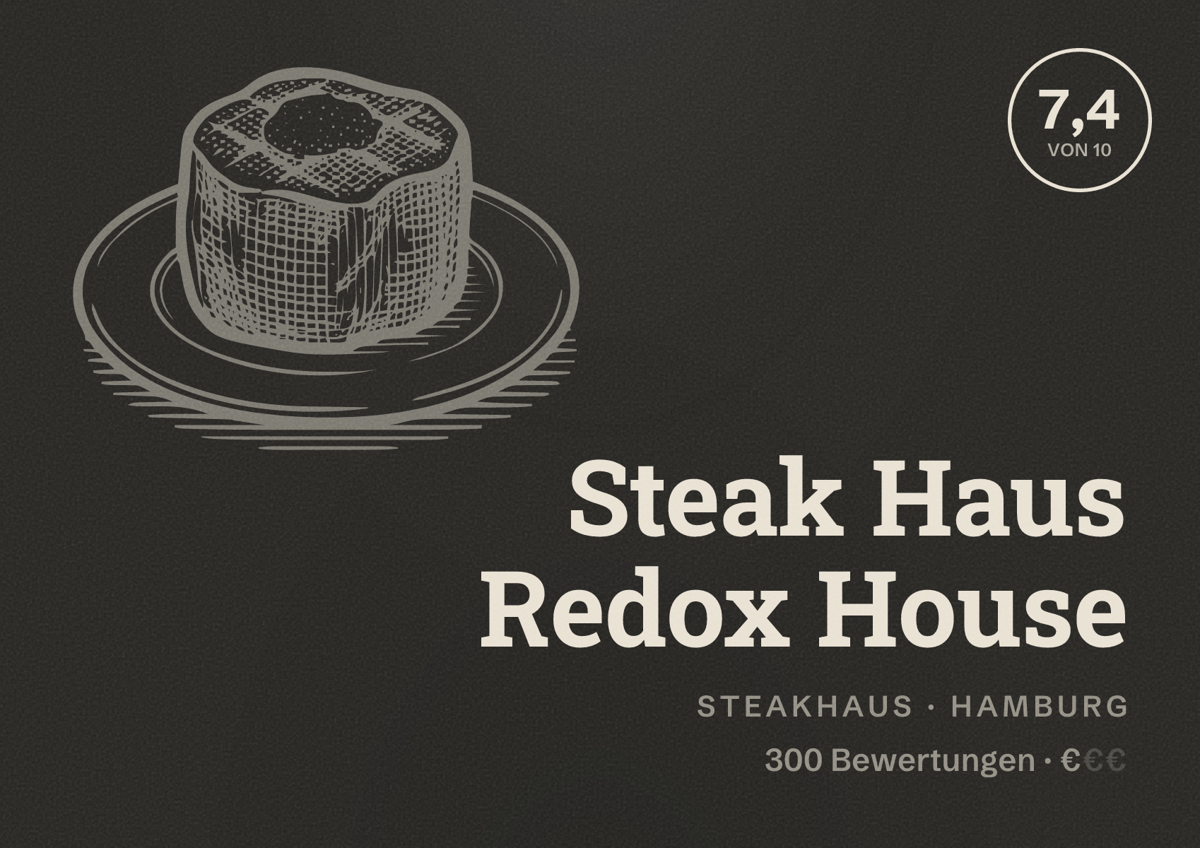 Illustriertes Poster von Steak Haus Redox House, Steakhaus in Hamburg: Bewertung 7,4 von 10 aus 300 Bewertungen, Preisniveau €