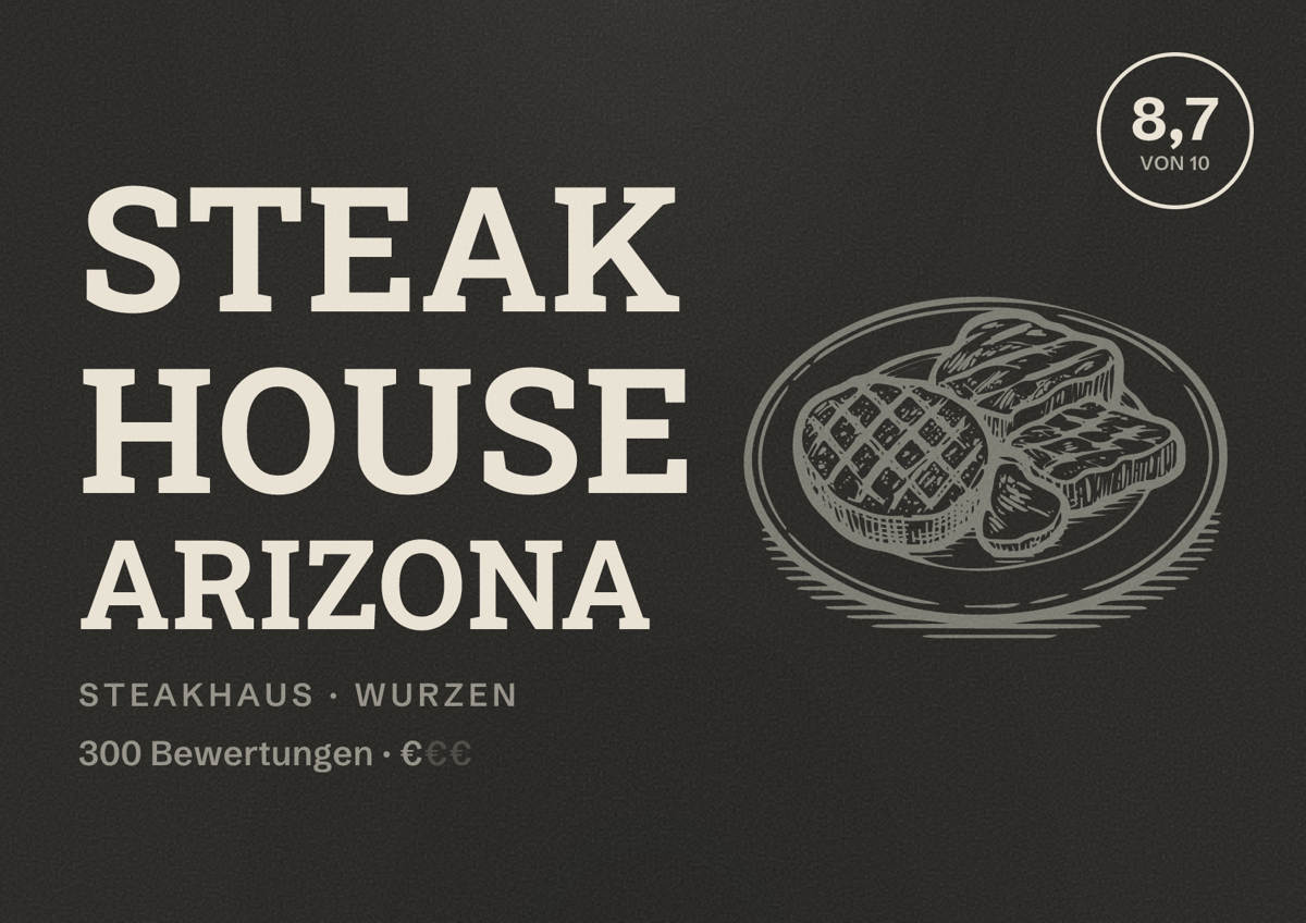Illustriertes Poster von Steak House Arizona, Steakhaus in Wurzen: Bewertung 8,7 von 10 aus 300 Bewertungen, Preisniveau €