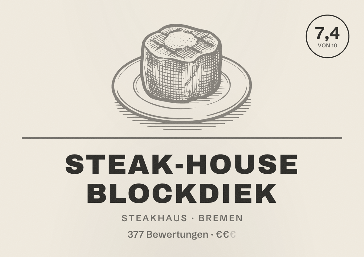 Illustriertes Poster von Steak-House Blockdiek, Steakhaus in Bremen: Bewertung 7,4 von 10 aus 377 Bewertungen, Preisniveau €€